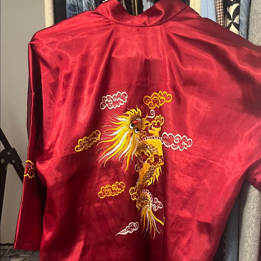 Red Satin Kimono with Dragon Embroidery